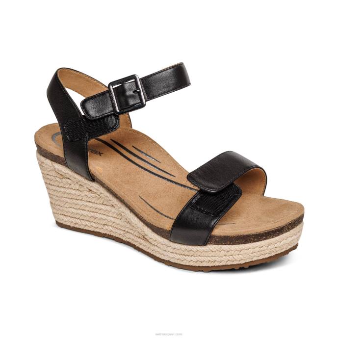 sievietes Aetrex Sidnejas ceturkšņa siksna espadrille ķīlis LHF6277 melna āda